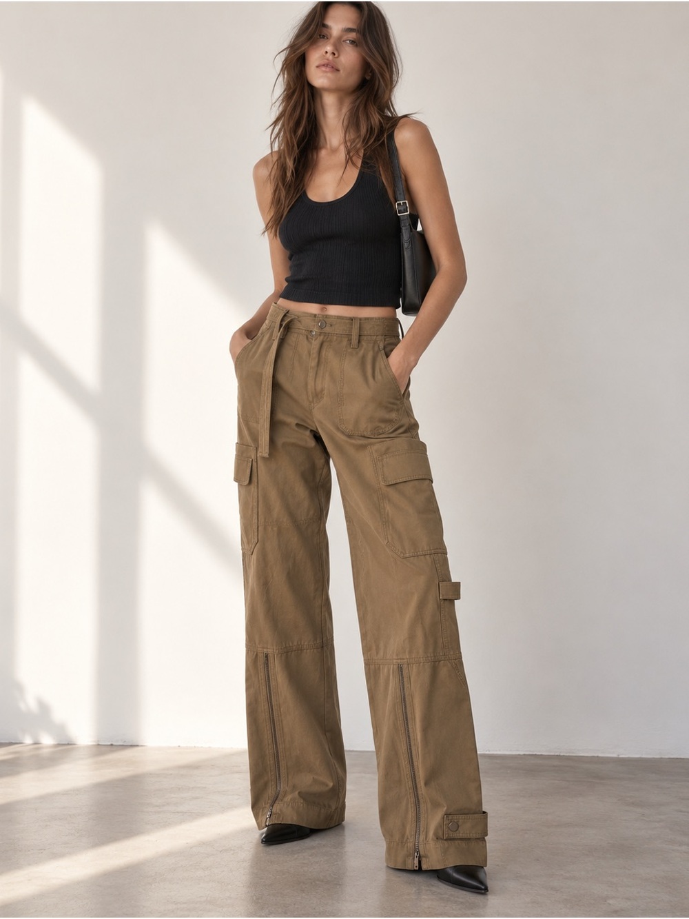 Helmut Lang High Rise Wide Leg Cargo Linen Blend Pants 2 Beige Utility Zip Leg